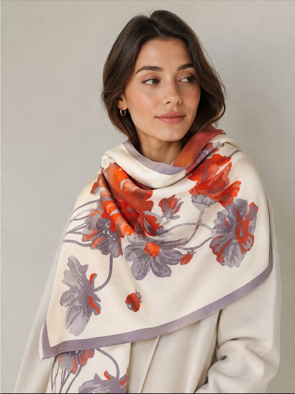 Cream Floral Shawl with Coral & Gray Accents in Faux Cashmere NWT